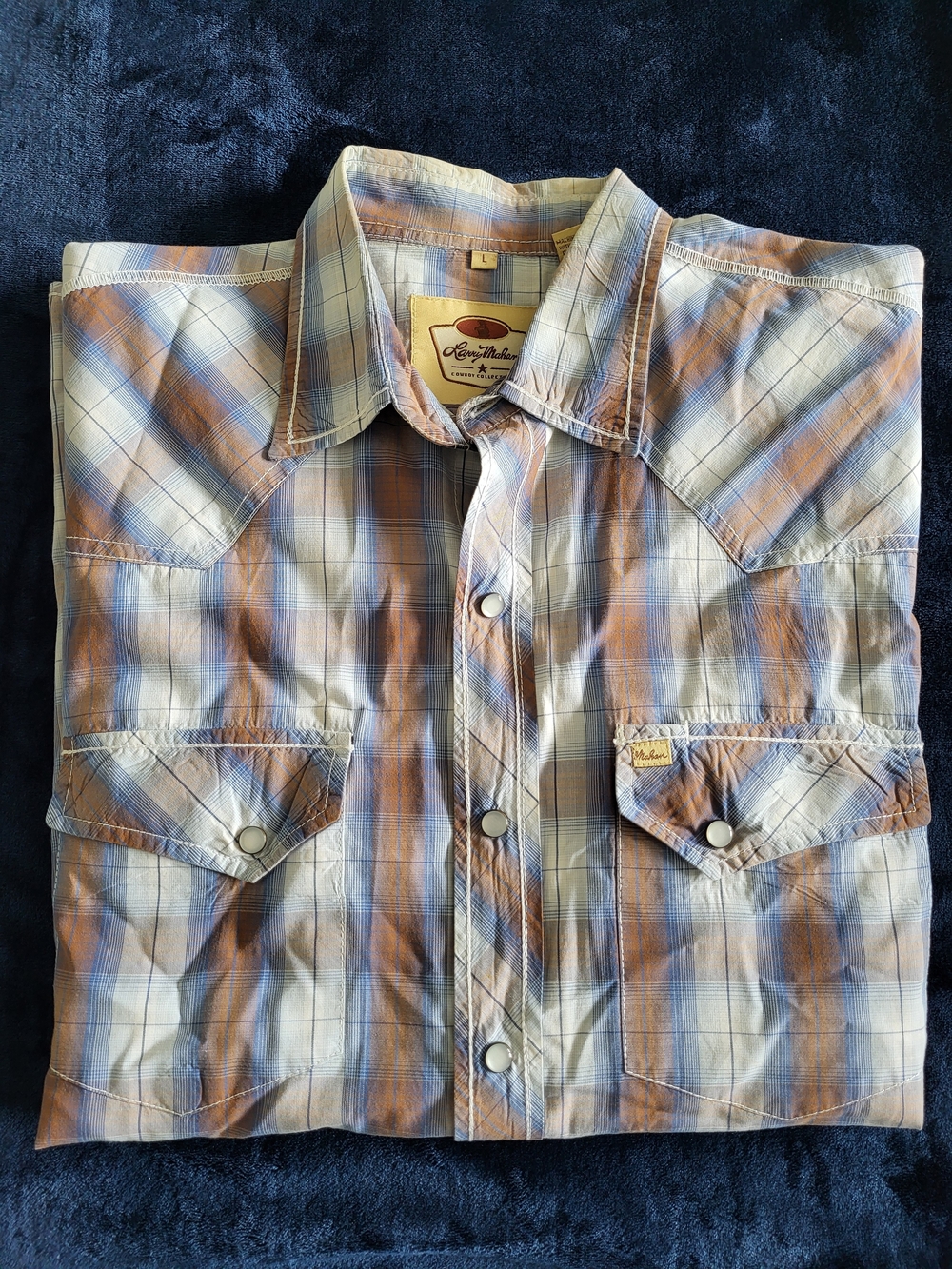 Larry Mahan Blue and Tan Long Sleeve Plaid Western Shirt Pearl Snap - Large
